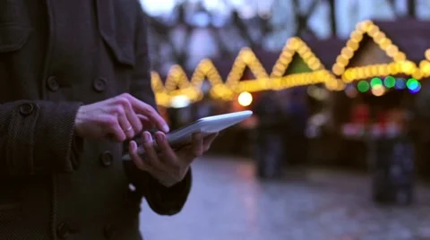Outdoor Man Using Tablet Near Shopping Stock Footage 60005146
