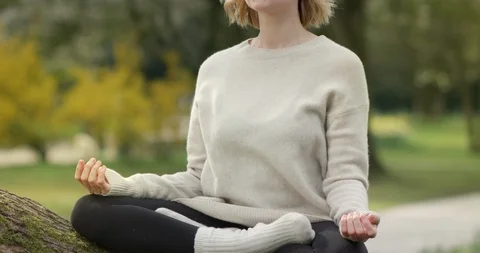 Outdoor meditation in park on a fallen tree Video stock 106945677