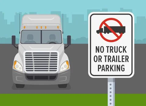 Outdoor parking tips and rules. Close-up view of a "No truck o trailer parking" Stock Illustration