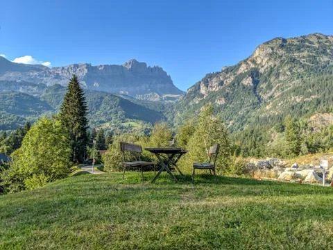 Outdoor picnic bench at Notre Dam Lu Lac, Servoz, Chamonix, France Stock Photos