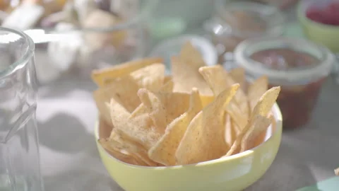 Outdoor Picnic Scene with Crispy Chips, Fresh Salsa, and Sunlit Ambiance Stock Footage 293238939