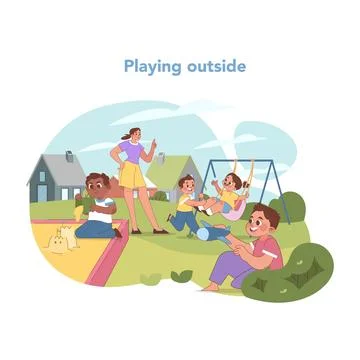 Outdoor playtime at kindergarten. Flat vector illustration Stock Illustration