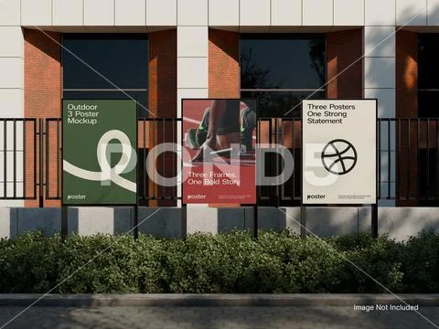Outdoor Poster Advertising Mockup - Framed Triple Display PSD Template