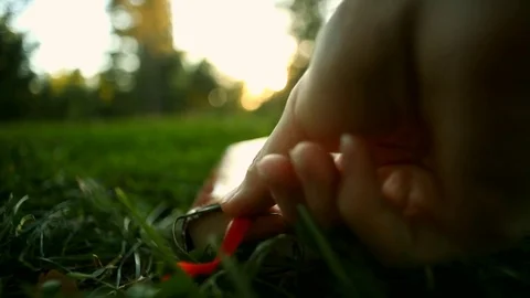 Outdoor reading of a book, at sunset Stock Footage 70593617