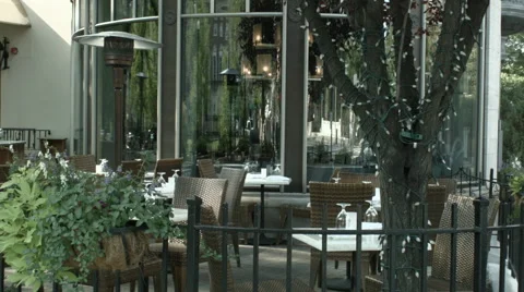 Outdoor Restaurant Cafe, Empty Tables Stock Footage 61241588