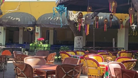 Outdoor Restaurant with Festive Decor Stock Footage 305709702