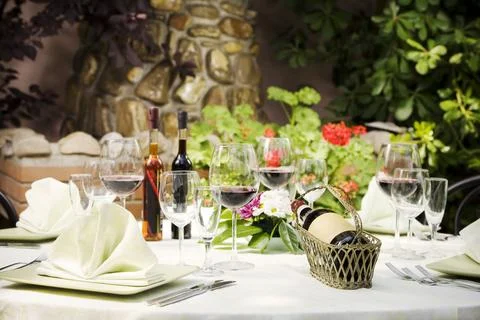 Outdoor restaurant table setting, copy space Stock Photos