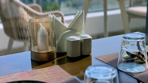 Outdoor Restaurant Table Setting In Sunny Daylight Stock Footage 345370173