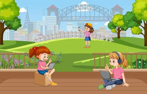 Outdoor scene with people using technology devices Illustrazione stock
