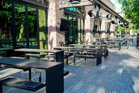 Outdoor seating sits empty along the Las Vegas Strip Stock Photos