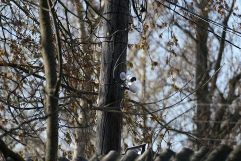 Outdoor security camera on a pole in the open air. Foto stock