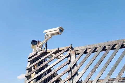 Outdoor Security Camera System Mounted On Wooden Structure Stock Photos