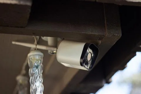 Outdoor security camera under house roof surveillance protection system Stock Photos