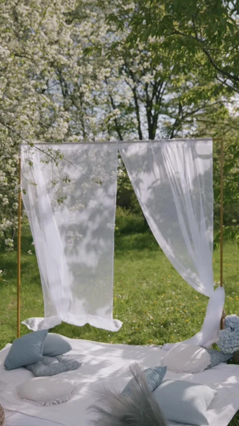 Outdoor setup featuring flowing curtains and cushions amidst blooming nature in Stock Footage 311055607