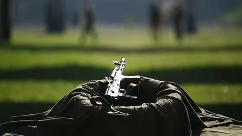 Outdoor shooting with automatic rifle in a shooting range Vídeo Stock 82426421