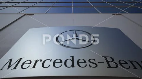 Outdoor signage board with Mercedes-Benz logo. Modern office building. Editorial Stock Illustration