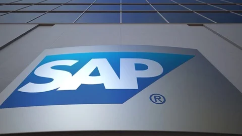 Outdoor signage board with SAP SE logo. Modern office building. Editorial 3D Stock Footage