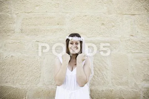 Outdoor smiling bride church wedding and love Stock Photos