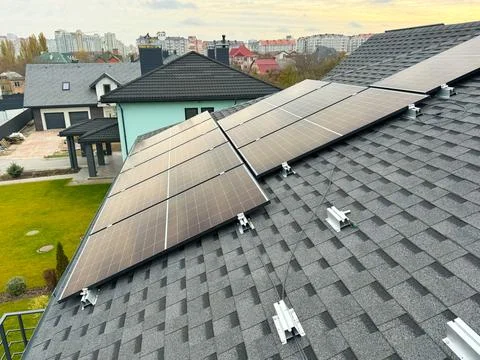 Outdoor solar panel installation, promoting alternative power sources Stock Photos