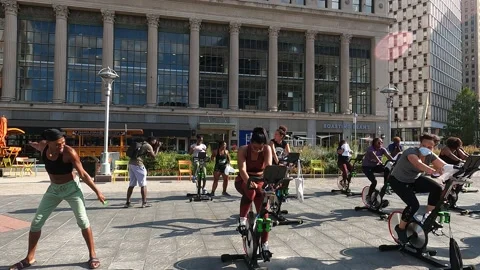 Outdoor Spin Class Workout Exercise Detroit, Michigan 4K Wide Angle Video stock 157576047