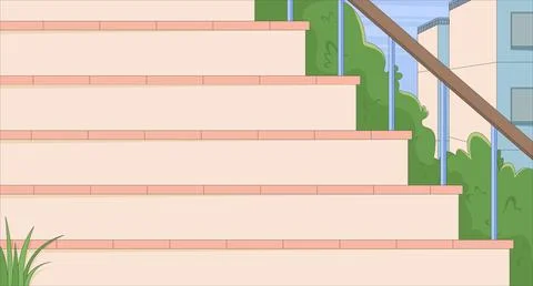 Outdoor steps bordered by bushes and distant buildings illustration backgroun Ilustración de archivo