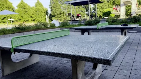 Outdoor Stone Ping Pong Table in a Sunny Public Park Stock Footage 340238483