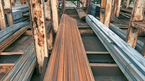Outdoor Storage Yard with Stacked Galvanized Steel Bars, Angles, Pipes Stock Footage 272548326