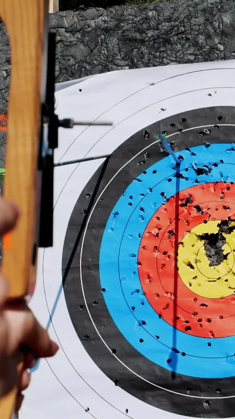 An outdoor target for shooting with a bow and arrows, for archery arrows on a Stock Footage 318242542