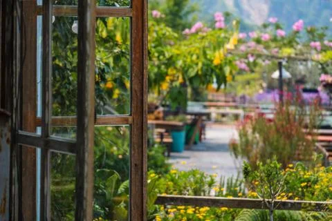 Outdoor Terrace View Through Window Stock Photos