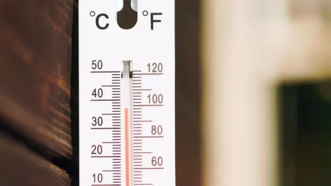 Outdoor thermometer showing rapid temperature rise on a hot summer day Stock Footage 313802189