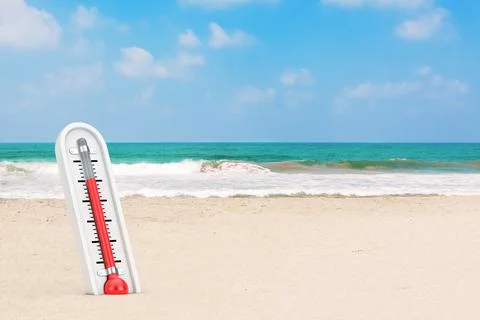 Outdoor Thermometer on a Summer Sand Beach Background. 3d Rendering Stock Illustration