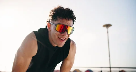 Outdoor, thinking and man with exercise, tired and sweating with break Stock Footage 332404875