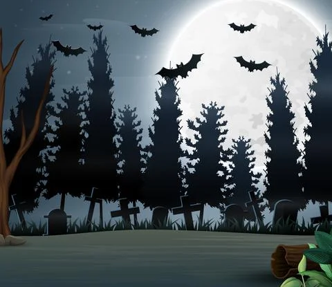 Outdoor view with the full moon background in halloween day Stock Illustration