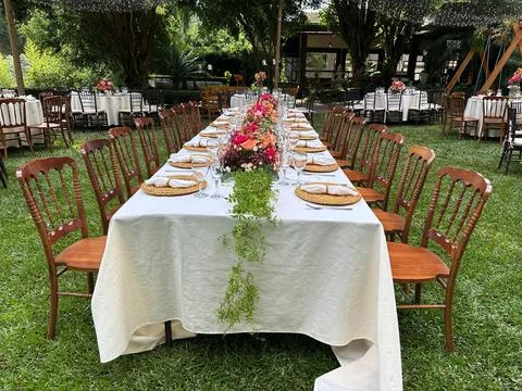 Outdoor wedding reception setup Stock Photos