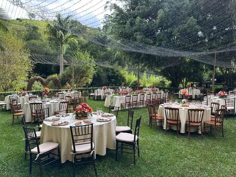 Outdoor wedding reception setup Stock Photos