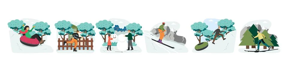 Outdoor winter activities scene set, vector illustration. Happy people skiing Stock Illustration