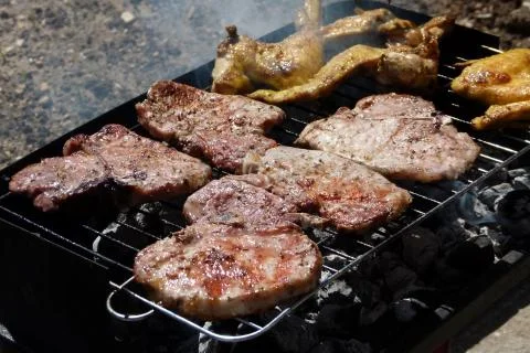 Outdoors barbeque based on roasting meat Stock Photos