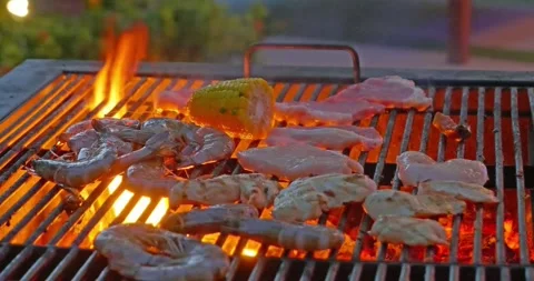 Outdoors summer grilling barbecue backyard roasted delicious foods Stock Footage 336576330