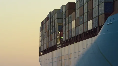 Outdoors, Sunset, Commercial Dock, Container Ship, Wide Shot, Lockdown, Less Stock Footage 94051852