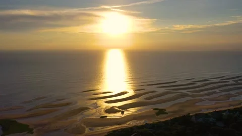 Outer Cape Cod Drone Sunrise With Beach Houses and Sweeping Sandbars Beyond Stock Footage 325781600