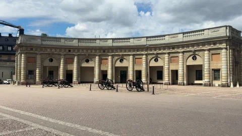 Outer Courtyard of Royal Palace with Historic Cannons in Stockholm Sweden Stock Footage 343589275