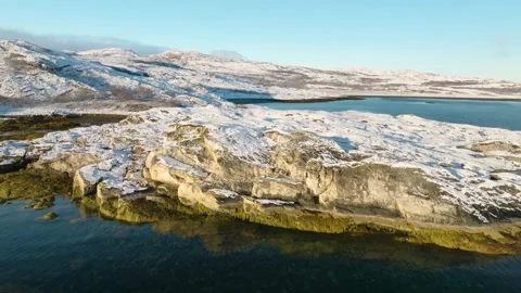 Outer Hebrides Winter Coastal Landscape, Scotland: Drone View of Snowy Island Wi Stock Footage 308926130