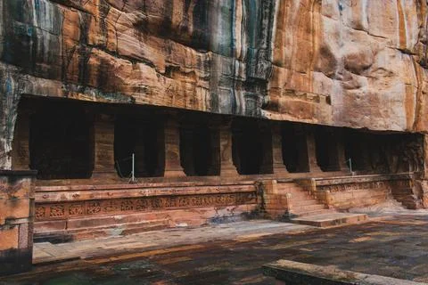 Outer look of Badami cave 3 with beautiful decorated pillars,India Stock Photos