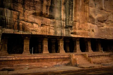 Outer look of Badami cave 3 with beautiful decorated pillars,India Stock Photos
