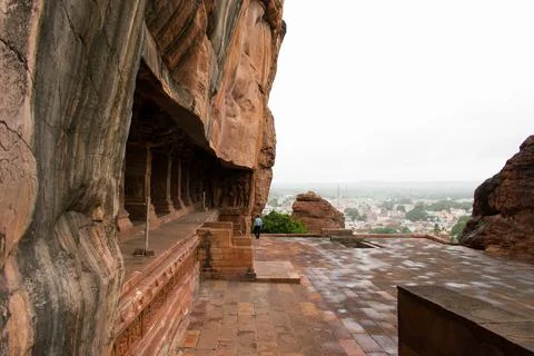 Outer look of Badami cave 3 with beautiful decorated pillars,India Stock Photos