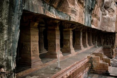 Outer look of Badami cave 3 with beautiful decorated pillars,India Stock Photos