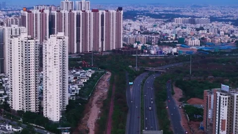 Outer ring road Interchange with traffic flow, high-rise buildings, luxury Video stock 340557603