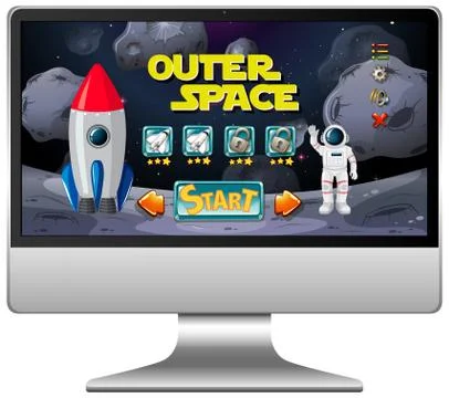Outer sapce mission game on computer screen 스톡 일러스트
