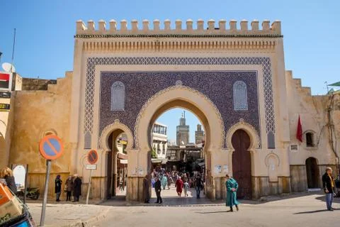 The outer side of the horseshoe arches gate Bab Boujloud. Stock Photos