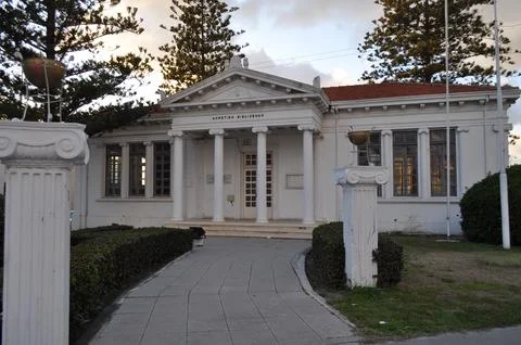 The outer side of the Pafos Municipal Library 스톡 사진